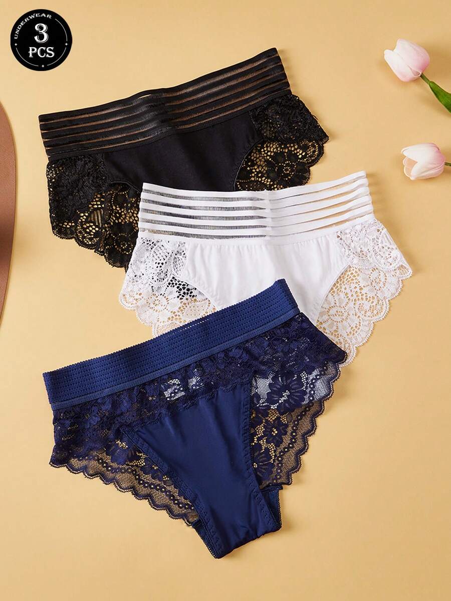 3 Pcs Ladies Semi Transparent High Waisted Panties Women's Sexy Lace Triangles - Multicolor - View 1