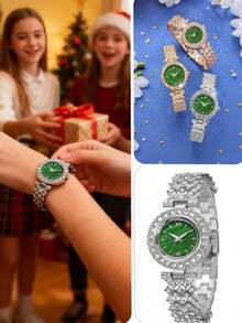 1件装女孩奢华祖母绿水钻手链手表，全镶钻表带，高端优雅派对礼物手表，适合圣诞节、情人节、斋月、开斋节、狂欢节等节日佩戴。 - 彩色 - 查看 1