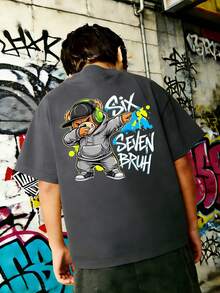 Tween Boy Cartoon Teddy Bear "SIX SEVEN BRUH" Graphic Crew Neck Short Sleeve T-Shirt, Streetwear Style Casual Tee For Summer - Dark Grey - View 4