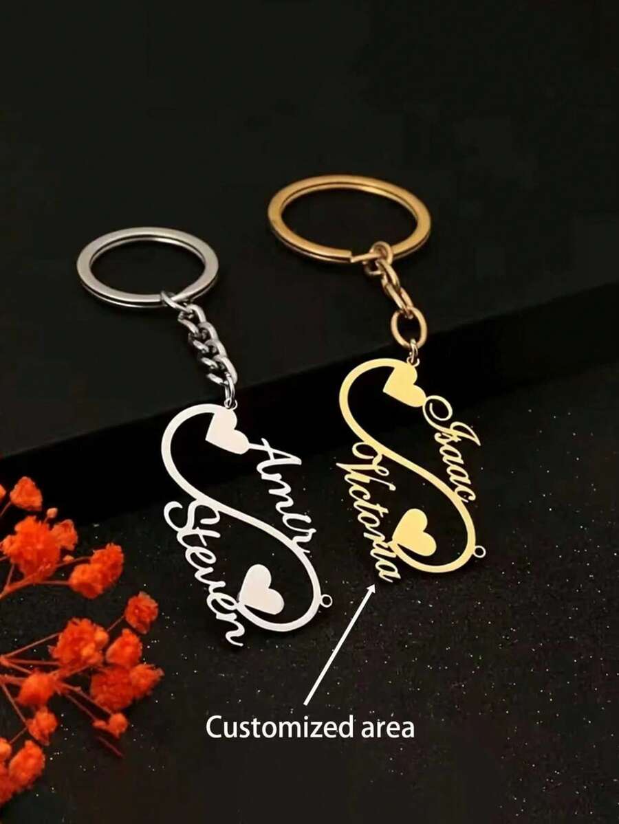 One Personalized Keychain, Featuring A Custom Double Name And Double Heart Design, Made Of Stainless Steel In Gold And Silver With Custom Lettering. Ideal As A Backpack Pendant, Car Key Charm, Or Key Ring. A Valentine's Day Gift, Birthday Gift, Family Gift, Christmas Gift, Thanksgiving Gift, Father's Day Gift, Or Mother's Day Gift. A Unique Gift For Friends And Family. - Multicolor - View 1