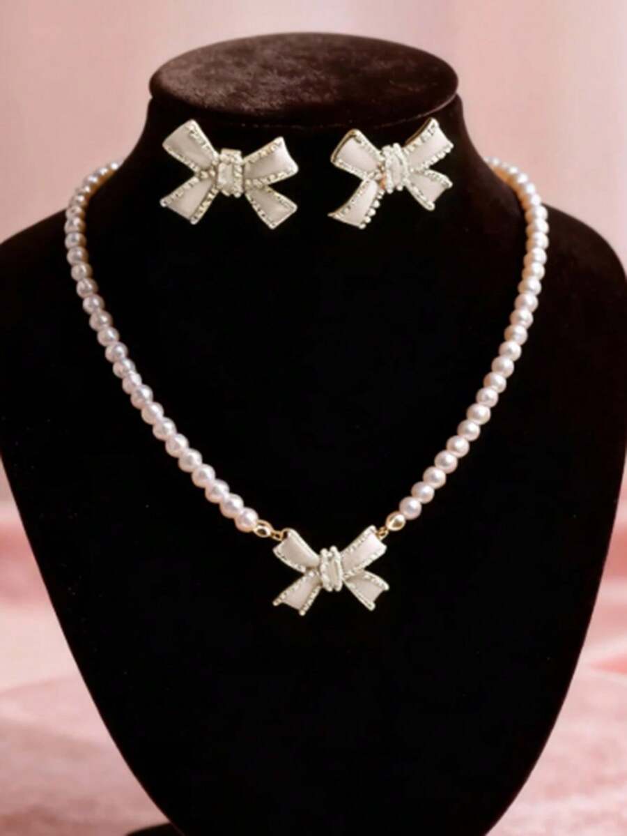 Set de 3/2/1 Collar y aretes elegantes de moño de perlas falsas, diseñado para mujeres, regalo ideal para la novia en el Día de San Valentín - Multicolor - Ver 1