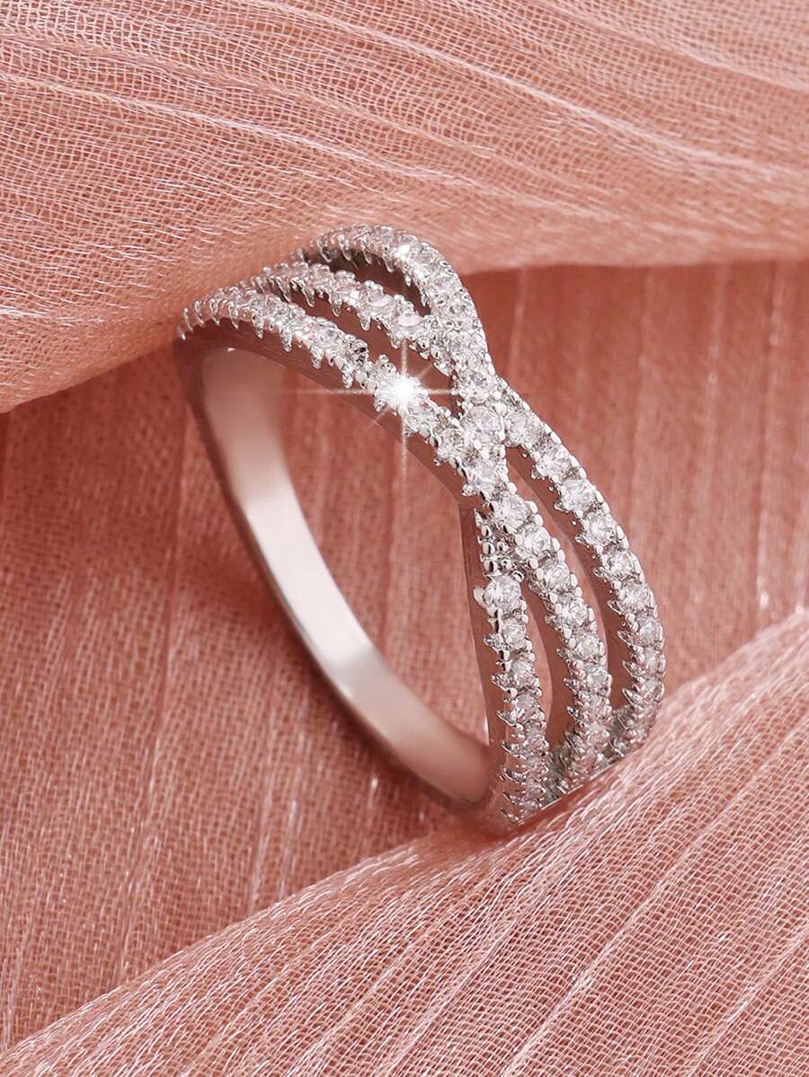 1 pieza Anillo de mujer con circonita, adecuado para uso diario - Plateado - Ver 1