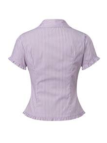 Women's Business Striped Ruffle Shirts Cap Sleeve Lapel V Neck Button Down Slim Fit Office Work Basic Tee Blouses Going Out Tops - Pink - View 9