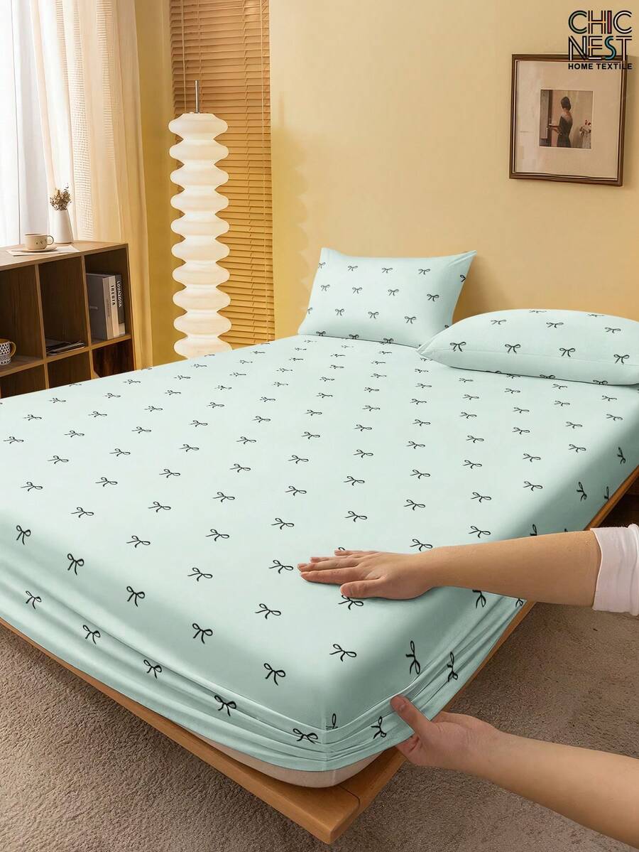1 pieza Sábana ajustada con estampado de lazo verde, suave y transpirable, se ajusta a camas individuales, dobles, queen y king con bolsillos profundos de hasta 30 cm, estilo dulce de niña, textil para el hogar, resistente a las arrugas, lavable a máquina - Verde - Ver 1