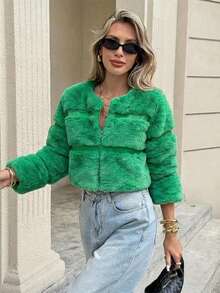 Women Faux Fur Coats - Green - View 3