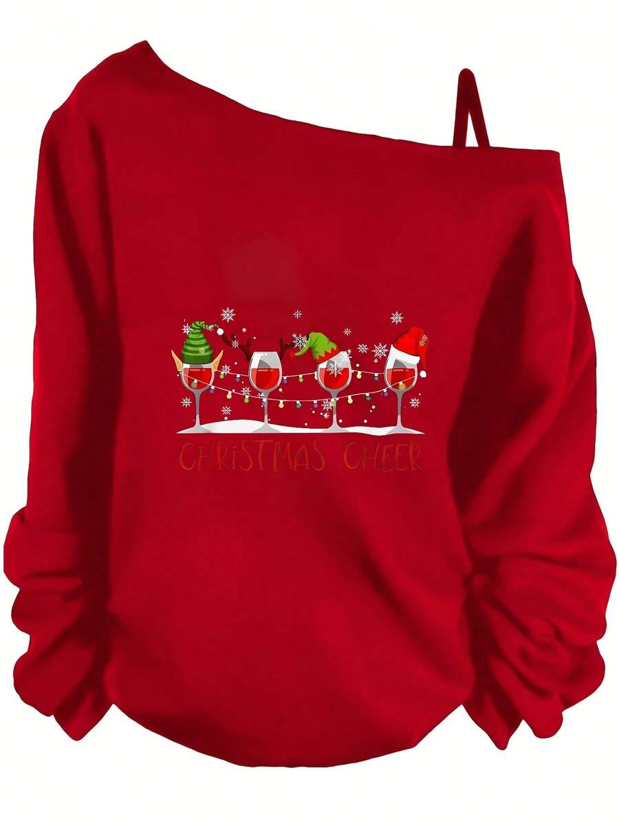 Black Off - The - Shoulder Long Sleeve Sweatshirt, Soft Fabric, Front 4 Wine Glasses With Red Liquid & Festive Hats (, Elf, Santa Hats), Snowflake & Light Decorations, 'CHRISTMAS CHEER' Text - Festive Playful Christmas Celebration Sweatshirt - Hoodies For Women,Valentine Outfits For Women,Vacation Outfits Women,Valentine's Day,Summer Outfits For Women,Spring Tops - Red - View 1