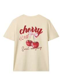 Áo thun nữ mùa hè mới, kiểu dáng đơn giản, in chữ CHERRY, phong cách nghỉ dưỡng, thoải mái, cổ tròn, tay ngắn, màu be, đa năng, thích hợp mặc hàng ngày. - Màu be - Xem 3