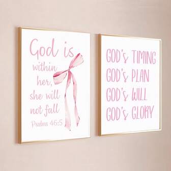 2pcs Pink Christian Art Posters, Frameless, Featuring Christian Bible Bow Pattern, Suitable For Room Decor, Fashionable Canvas Printing, Minimalist Wall Art, Suitable For Dorm, Apartment, Living Room, Bedroom And Modern Home Decor, Home Decor, Frameless Home Decor Posters, Suitable For Room, Bedroom Decor And Office Decor