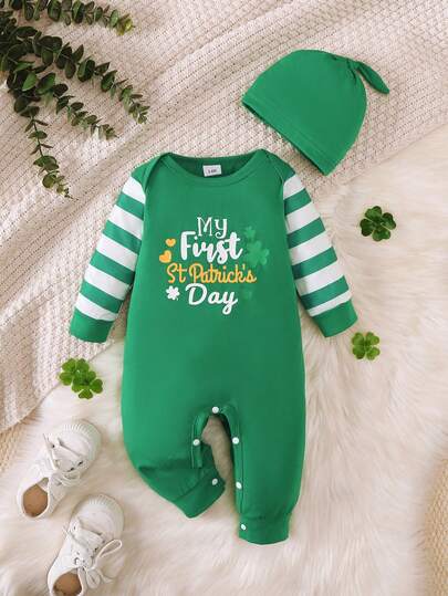2pcs Baby Boy Christmas Elf Jumpsuit Set - Adorable Clover Print & Striped Patchwork Long Sleeve Jumpsuit + Hat, St. Patrick's Day Holiday Edition