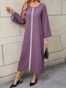 Vestido árabe de mujer talla grande con patchwork de rayas, botones, encaje y cinta - Púrpura malva - Ver 6