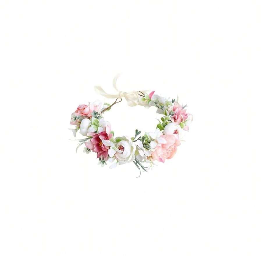 YAZILIND Handmade Flower Crown Headband – Artificial Peony & Rose Floral Wreath With Ribbon – Bridal, Festival, Or Boho Party Hair Accessory (Pink, White & Green),10-Colour - 10色 - 查看 1