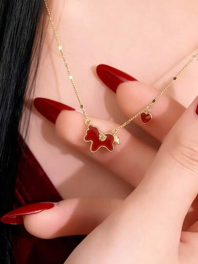 1件时尚红色骏马吊坠心形项链，奢华简约设计，适合秋冬季佩戴