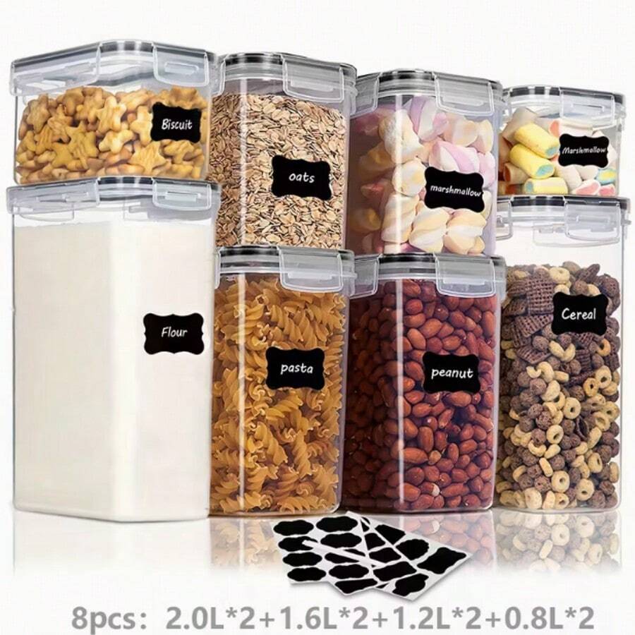 8 Pack Food Storage Containers -  Airtight Kitchen Storage For Cereal, Flour, Sugar & Baking Supplies With  Labels & 1 Marker