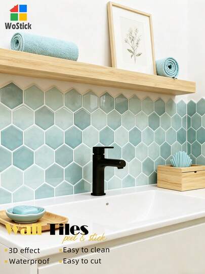 WoStick 1/4/10pcs Waterproof Anti-Oil Hexagon Self-Adhesive Backsplash Tiles, 12 Inches X 12 Inches - Easy To Install Self-Stick Wall Tiles For Kitchen, Bathroom And Home Decor