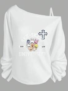SKZOO Off - Shoulder Sweatshirt With Long Sleeves, Casual Gathered Cuffs, Front Graphic (SKZ - SKZOO Text, Cute Animal Characters, 0325 & 0109 Labels, UNIVERSITY Bold Print) - Fandom Fashion  Sweatshirt For SKZ Fans - Hoodies For Women,Valentine Outfits For Women,Vacation Outfits Women,Valentine's Day - 白色 - 查看 1