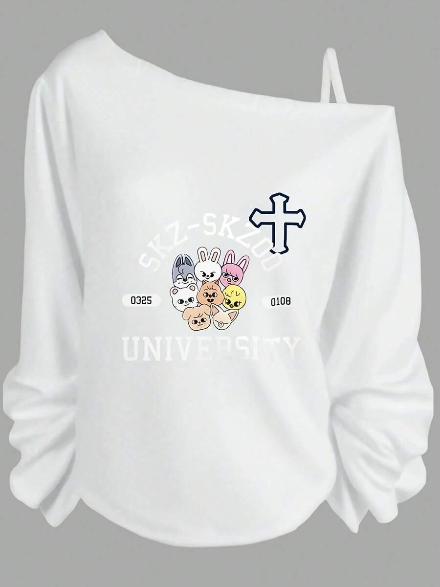 SKZOO Off - Shoulder Sweatshirt With Long Sleeves, Casual Gathered Cuffs, Front Graphic (SKZ - SKZOO Text, Cute Animal Characters, 0325 & 0109 Labels, UNIVERSITY Bold Print) - Fandom Fashion Sweatshirt For SKZ Fans - Hoodies For Women,Valentine Outfits For Women,Vacation Outfits Women,Valentine's Day - 白色 - 查看 1