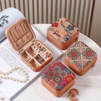 1pc High-End Cork Jewelry Box, Portable Travel Earrings Storage Case, Ring Necklace Storage Box, Fashionable Retro Bohemian Jewelry Gift Box, Exquisite Jewelry Box, Mother's Day Gift, Jewelry Organizer, Travel Supplies, Storage & Organization