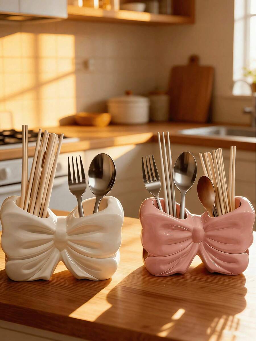 1 pieza Lindo soporte de utensilios de cocina en forma de lazo de resina, organizador de utensilios de cocina de moda, puede almacenar cucharas, palillos, batidores y herramientas de cocina, almacenamiento decorativo moderno para encimera, una opción ideal para los elementos esenciales de la cocina del hogar - Multicolor - Ver 1