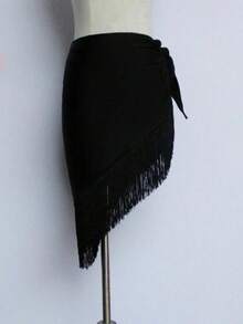一件式户外舞蹈裙，黑色流苏三角围巾式连体裙，成人女士系带弗拉明戈裙，拉丁舞服装腰部裹裙 - 黑色 - 查看 6