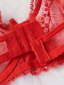 2pcs Women's Sexy Lingerie Set, Red Embroidered Lace Trim With Gold Chain, 3/4 Cup Cutout Design Adjustable Bra And Panty Set - Red - View 6