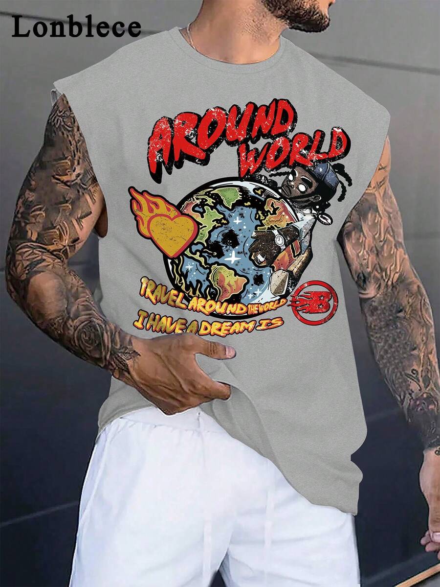 Lonblece 夏季无袖 T 恤男士，时尚品牌手绘地球元素设计运动背心 - 淺灰色 - 查看 1