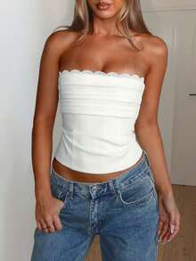 Áo quây nữ SOLTRB màu trắng phối ren xếp nếp, thiết kế eo thanh lịch, phù hợp cho tiệc tùng, dạ hội, du lịch. - trắng - Xem 2