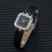 1 件女士手表，方形水晶表盘，菱形图案表带，适合日常佩戴 - 黑色 - 查看 5