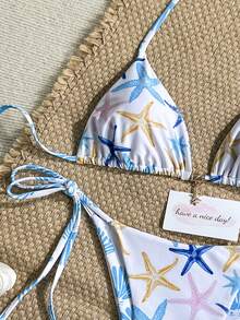 Sultry Sol 2pcs Women's Sexy Bikini Set, Dopamine Starfish Double-Sided Print Swimsuit, Halter Neck Top & Drawstring Side Bottoms Vacation Beach - Multicolor - View 6