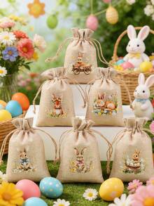 6个装复活节抽绳礼品袋，复活节抽绳背包，兔子花朵彩蛋图案，礼品包装袋，抽绳收纳袋，礼品包装袋，复活节彩蛋寻宝派对用品，复活节快乐装饰，复活节兔子装饰，复活节礼物，收纳整理 - 彩色 - 查看 7
