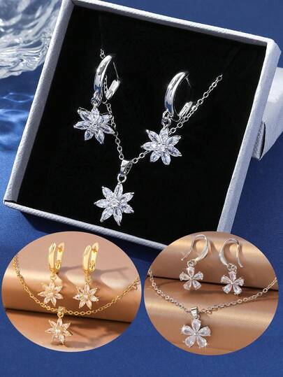 3pcs Elegant Zirconia Inlaid Floral Pendant Necklace & Earrings Jewelry Set, Women's Party Decoration Gift