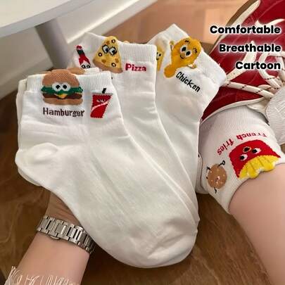 4 Pairs Random Cute Cartoon Hamburger, French Fries, Pizza Pattern Socks, Funny & Comfortable Sports Socks, Soft Breathable Moisture-Wicking Casual Women Short Socks