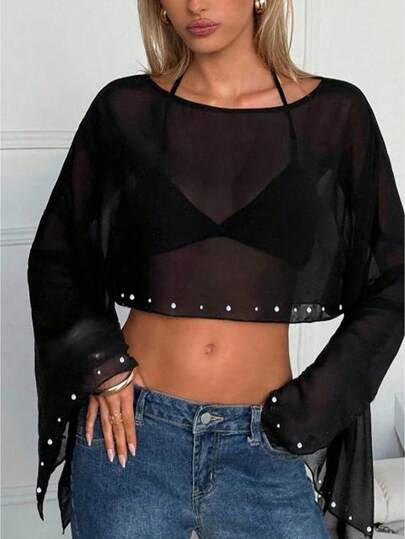 Women's Black Sheer Chiffon Crop Top, Studded Flare Sleeve Mesh Blouse, Lightweight Summer Shrug For Clubwear, Elegant Transparent Party Cover-Up