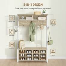 Coat Rack With Shoe Storage, Hall Tree With Bench For Hallway, 14 Open Compartments, Coat Stand With Adjustable Shelves, 13 Hooks, Top Storage For Living Room, Entrence - 白橡木色 - 查看 3