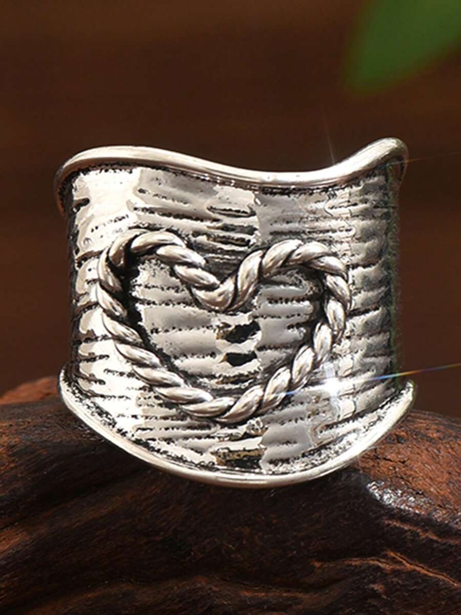 1 pieza Anillo de mujer de estilo bohemio y vintage con forma de corazón y banda ancha de plata, adecuado para boda, compromiso, promesa y uso diario - Plata antigua - Ver 1