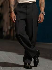 EXARUS 2-Pcs Men's Classic Commuting Trousers, Elastic Waist With Drawstring Casual Straight-Leg Pants, Business Draped-Feel Long Pants, Minimalist Wardrobe Zero-Restriction Trousers. - 黑色+卡其色 - 查看 10