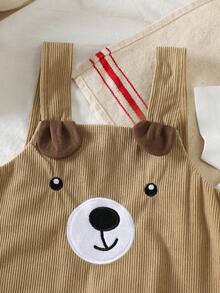 Setelan 2pcs Bayi/Balita Motif Beruang Kartun Bordir Celana Pendek Bergaris dengan Tali Bahu dan Kaos Lengan Pendek, Musim Panas - Unta - View 4