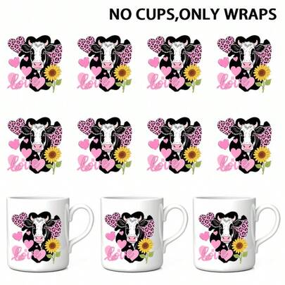 8pcs/Set Valentine's Day Cartoon Cow Series Design, UV DTF Heat Transfer Stickers, Cartoon Patterns, Waterproof Scratch-Resistant 3D Vinyl Film Stickers, Suitable For Mugs, Glasses, Phone Cases, Notebooks, Skateboards, Guitars, Party Supplies, Luggage, Laptops, Helmets, Envelopes, Storage Boxes, Back To School Gifts, Refrigerators - High Quality Stickers, DIY Decor