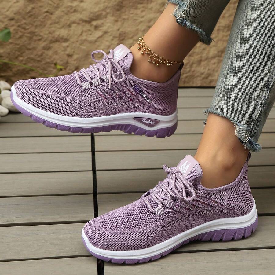 Tênis Esportivos Casuais Novos Femininos, Confortáveis e Respiráveis com Padrão de Escama de Peixe, Cadarço Baixo, Logotipo Lateral, Malha, Adequados para Esportes, Outdoor, Corrida, Caminhada, Uso Diário - Malva - Visão 1