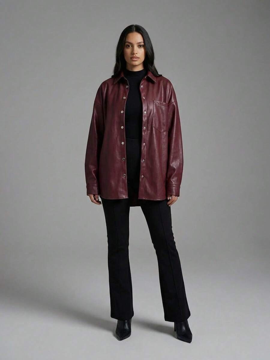 Grenj Fashion Black Oversized Pocket Detail Leather Shirt, Solid Color Casual Everyday Front Button Shirt - Burgundy - View 1
