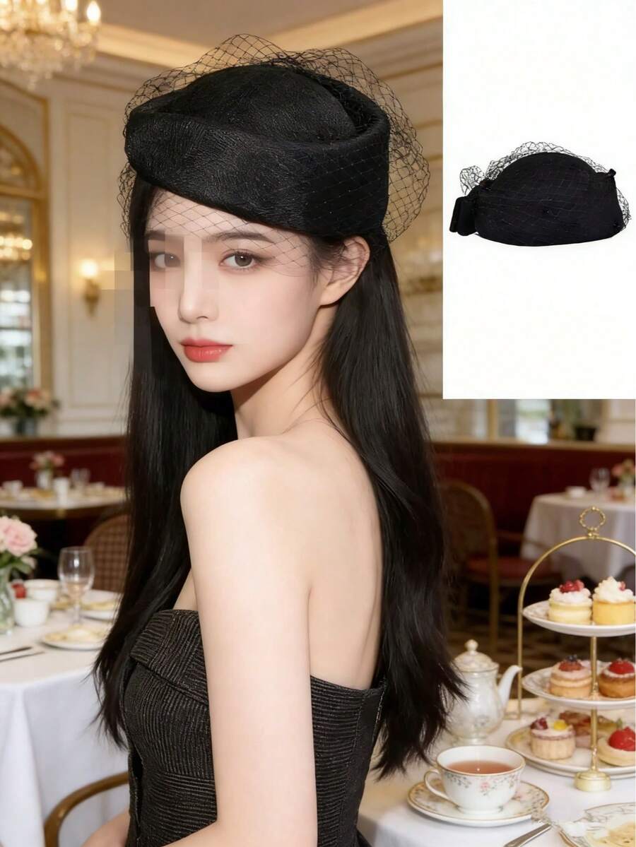 Mesh French Hepburn Black Hat Hairpin Temperament Temperament High Sense Daughter Sense Exquisite Niche Black Hat Hairpin, 1920 S Style, Small Round Hat, Tea Party Hat, Kentucky Derby Wedding Headdress, Ladies Mini Hat, Mini Top Hat, Mini Top Hat, Mini Hat, School Supplies, Gifts, Hair Accessories, Dinner Night - Multicolor - View 1