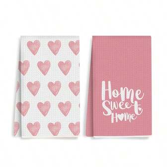 Alla hjärtans dag-tema rosa hjärta och engelska bokstäver mönster kökshandduk present, superabsorberande, tecknad design, maskintvättbar återanvändbar handduk, lämplig för hem, kök, badrum, bil, fönsterputsning - mjuk stickad disktrasa