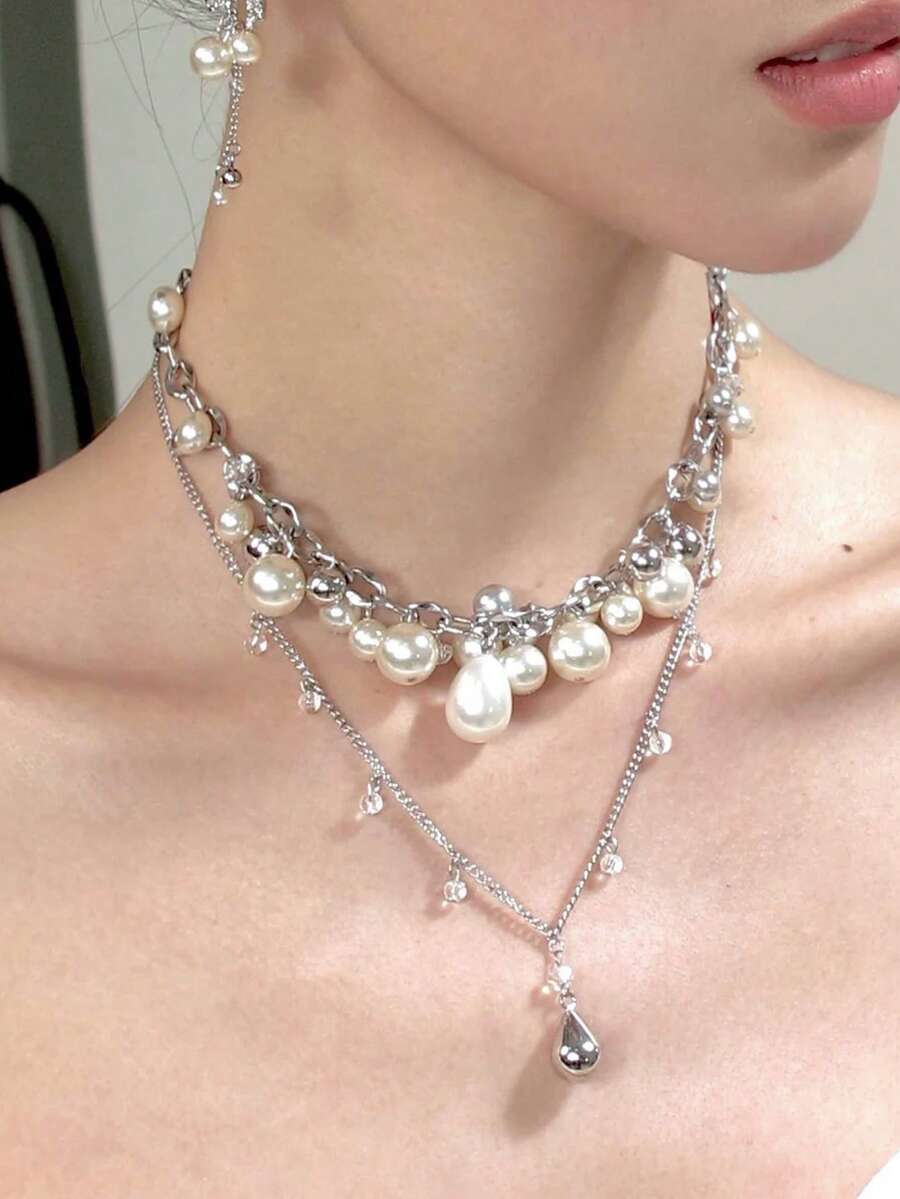 双层珍珠项链，简约水滴吊坠项链，高端锁骨链饰品设计，女士款 - 彩色 - 查看 1