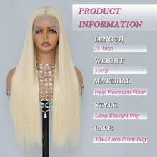 DZfirst 13x4 Lace Front Straight Synthetic Wig, Women - Platinum Blonde, Heat Resistant, Natural Hairline, Middle/Free Part, Beginner Friendly, Soft & Flowing 28 Inch Straight Hair Wig, Suitable For Everyday Wear, Christmas & Valentine's Day Parties