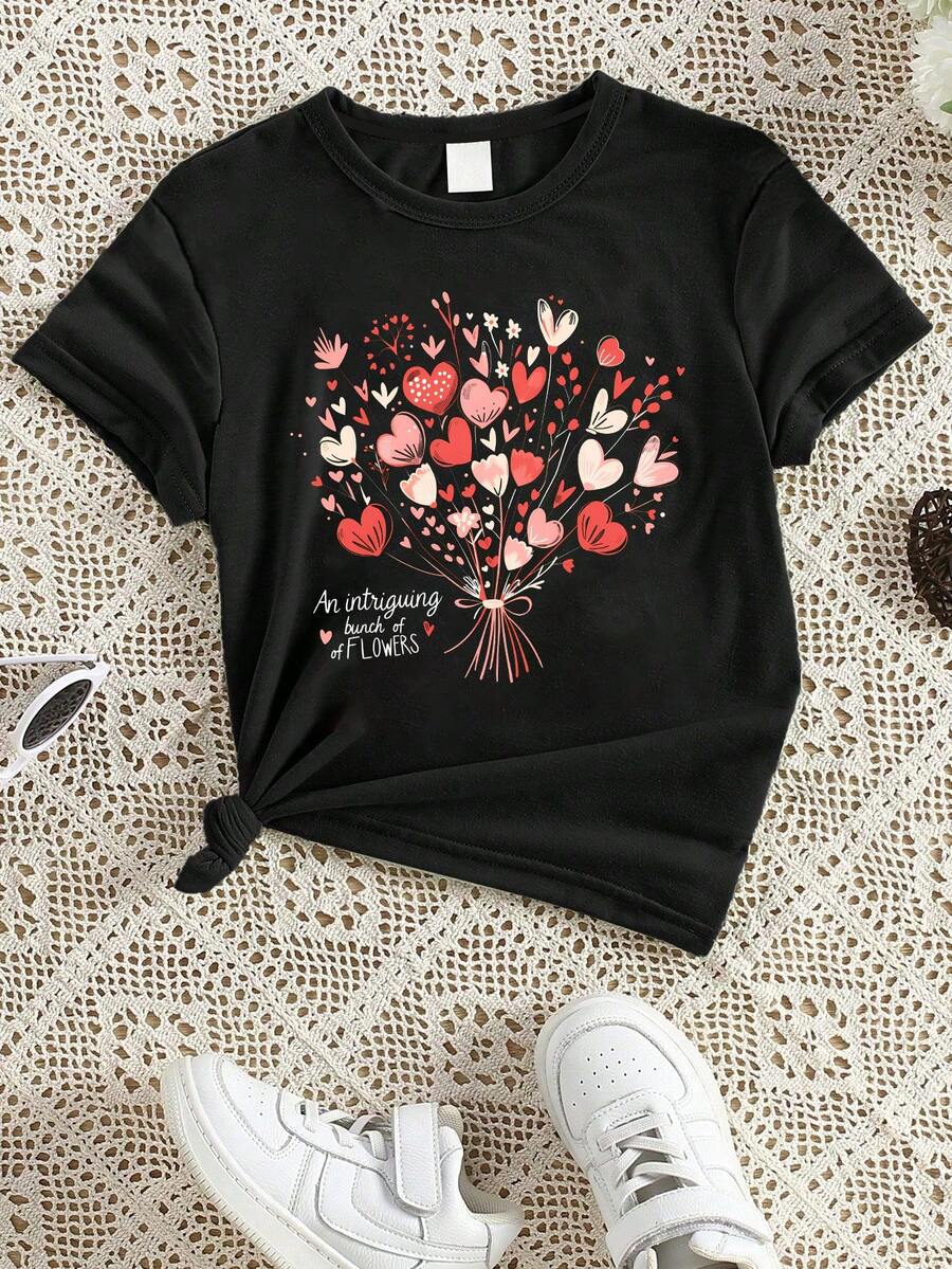 Girls Short Sleeve T-Shirt With Heart And Flower Print, Casual & Fashionable Children Clothing, Girls Apparel - Black - View 1