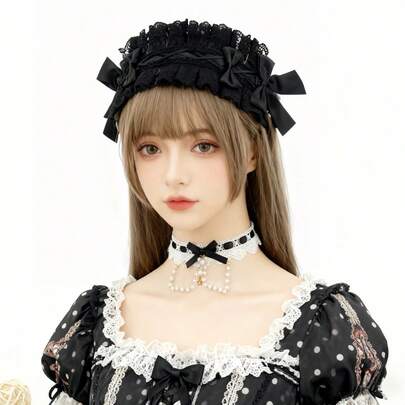 2件套手工洛丽塔发箍+颈带，甜美蕾丝蝴蝶结头饰，黑色哥特风百搭发箍