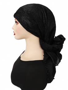 1pc Plain Pleated Beaded Small Square Hijab Scarf - Multicolor - View 4