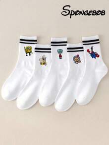 5 Pairs Spongebob Themed Mid-Calf Socks, Cartoon Crab, Mr. Krabs, Starfish, Sandy Designs, Moisture-Wicking, Breathable, Casual, Stylish, Black & White, Suitable For Daily Wear, Parties, Gifts, Dates - Multicolor - View 3