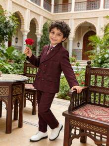 Boys' Plaid Gentleman Suit Set - Plaid Blazer + Pants + Tie, Suitable For Parties, Banquets, Dances And Other Occasions - Burgundy - View 5