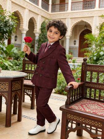 Conjunto de traje de caballero a cuadros para niños - Blazer a cuadros + Pantalones + Corbata, adecuado para fiestas, banquetes, bailes y otras ocasiones