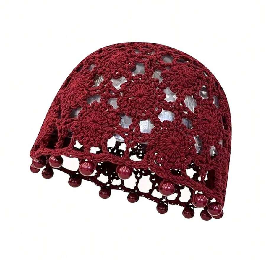 Handmade Crochet Beanie Sun Summer Hat Skull Cap For Women Lace Beach Hat Lightweight,Bead-Red - 珠-紅色 - 查看 1